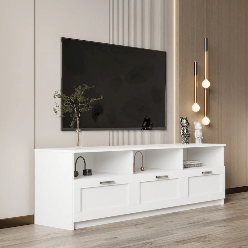 White 70 TV Stand with Open Storage & Drawers for Living Room