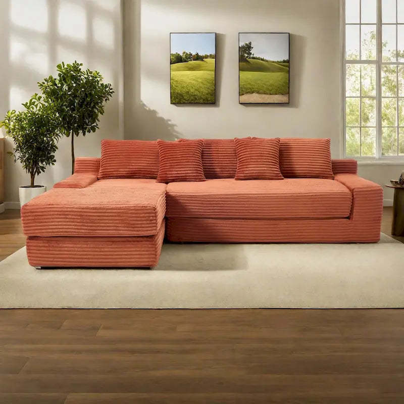 L-Shaped Light Corduroy Sectional Couch with Memory Foam, Steel Frame, and No Assembly Required, Convertible Sofa Bed