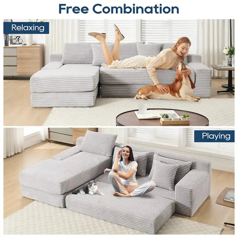 L-Shaped Light Corduroy Sectional Couch with Memory Foam, Steel Frame, and No Assembly Required, Convertible Sofa Bed