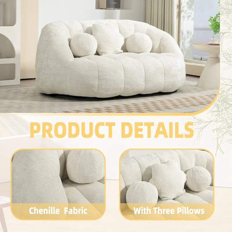 White 63.78 Chenille Lounge Chair with Foam Filling and Pillows