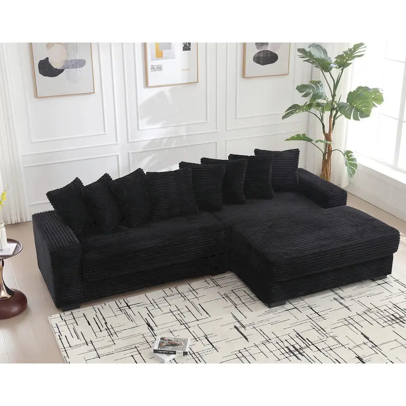 Black 111 Corduroy Upholstered L-Shaped Sectional Sofa with Oversized Right Chaise Longue and 8 Throw Pillows