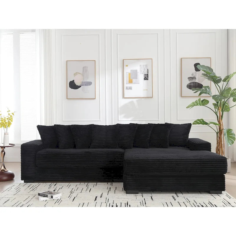 Black 111 Corduroy Upholstered L-Shaped Sectional Sofa with Oversized Right Chaise Longue and 8 Throw Pillows