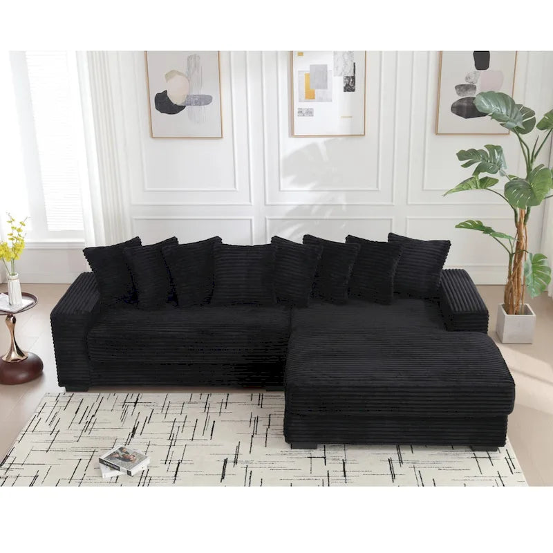 Black 111 Corduroy Upholstered L-Shaped Sectional Sofa with Oversized Right Chaise Longue and 8 Throw Pillows
