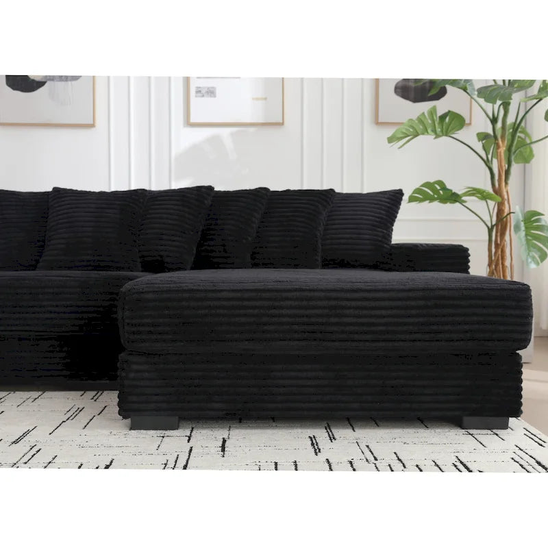 Black 111 Corduroy Upholstered L-Shaped Sectional Sofa with Oversized Right Chaise Longue and 8 Throw Pillows