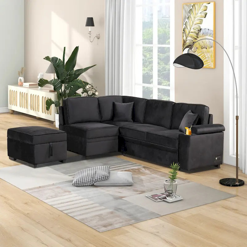 84.75 L-Shaped 5 Seater Sectional Sofa with Storage Ottoman, 2-in-1 Pull-Out Couch for Living Room