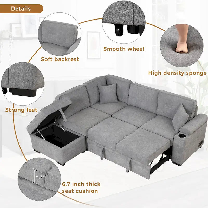 84.75 L-Shaped 5 Seater Sectional Sofa with Storage Ottoman, 2-in-1 Pull-Out Couch for Living Room