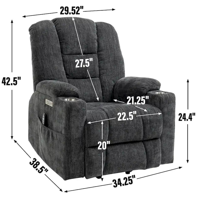 Grey Spacious Power Lift Recliner with Massage, Heat, Dual USB Ports, Type C Charging, and Cup Holders