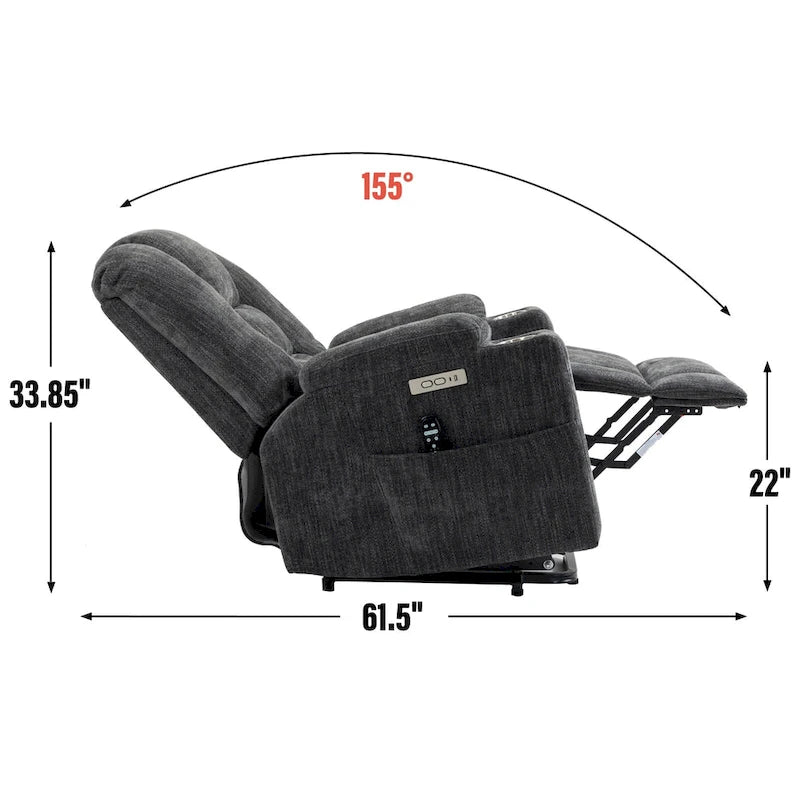 Grey Spacious Power Lift Recliner with Massage, Heat, Dual USB Ports, Type C Charging, and Cup Holders