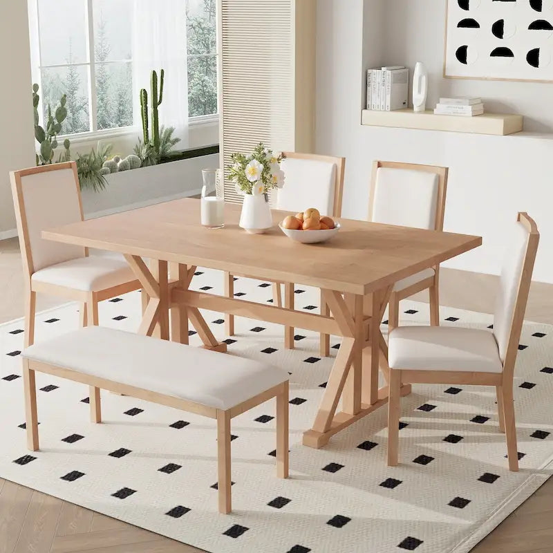 Farmhouse Style 6-Piece Dining Table Set with 4 Upholstered Dining Chairs and Bench