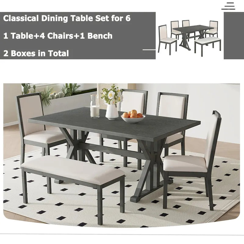 Farmhouse Style 6-Piece Dining Table Set with 4 Upholstered Dining Chairs and Bench