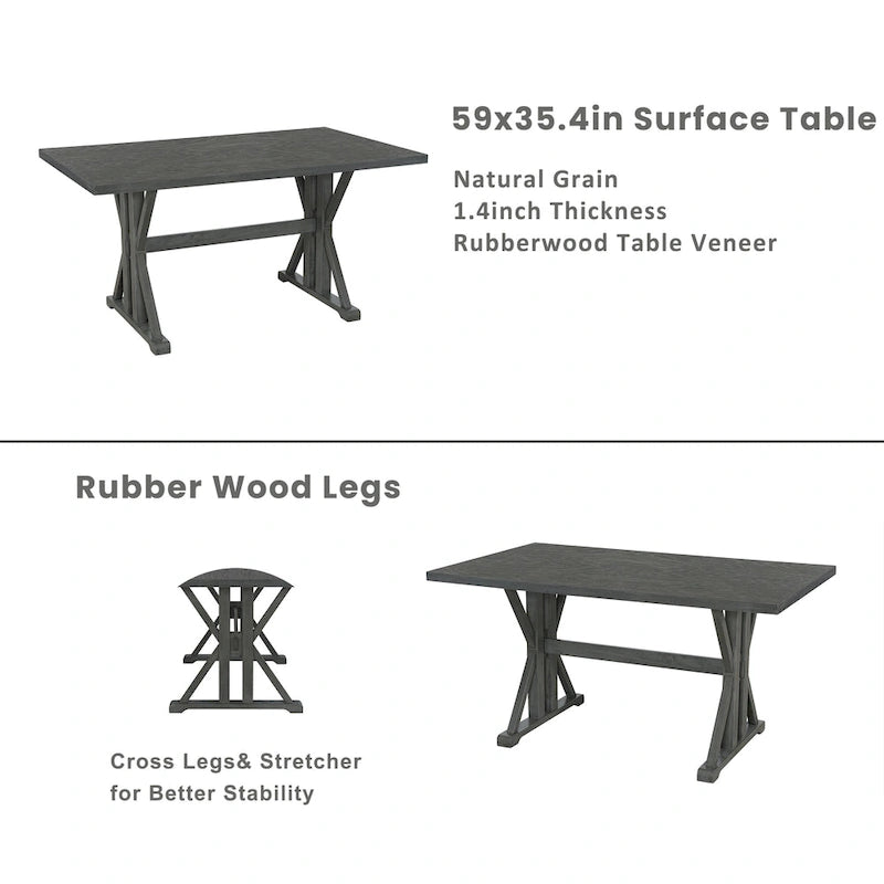 Farmhouse Style 6-Piece Dining Table Set with 4 Upholstered Dining Chairs and Bench