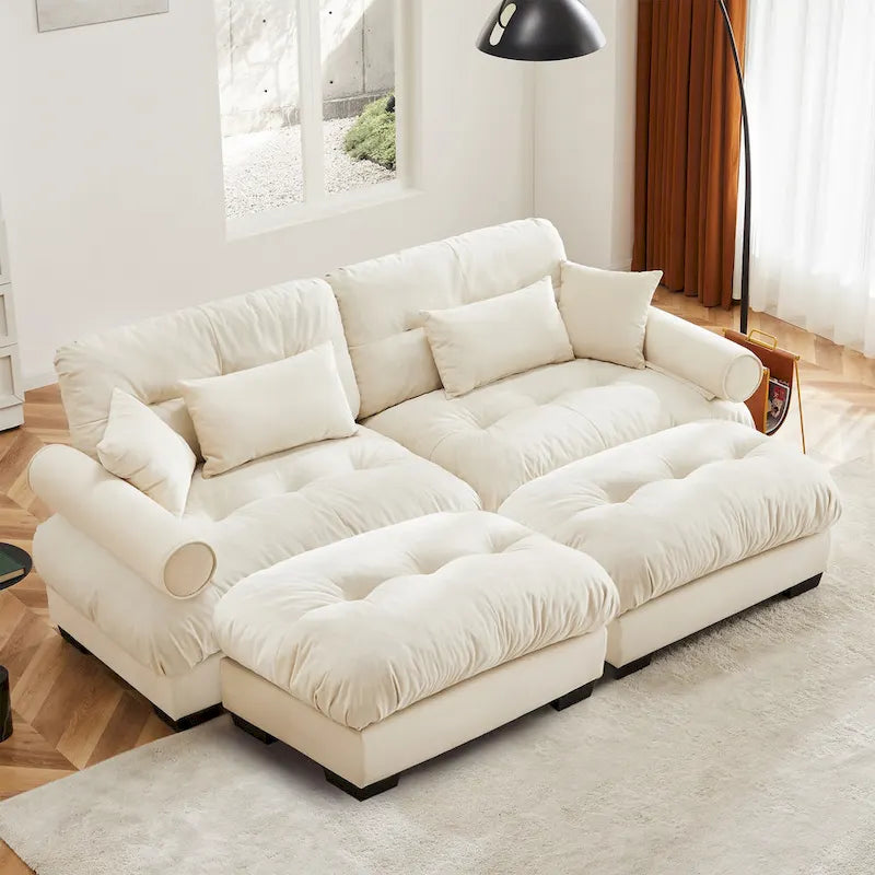 Velvet Fabric Loveseat Couch Modular Sectional Sofa with 2 Ottomans