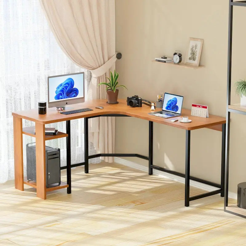 Modern L-Shaped Gaming PC Desk with Wood and Black Frame for Home Office Study