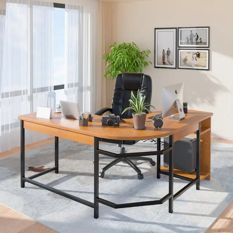 Modern L-Shaped Gaming PC Desk with Wood and Black Frame for Home Office Study