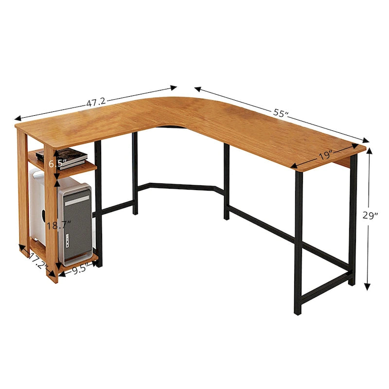 Modern L-Shaped Gaming PC Desk with Wood and Black Frame for Home Office Study