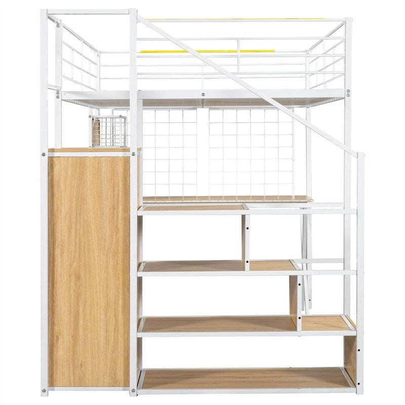 Twin/Full Size Loft Bed with Bulit-in Desk, Wardrobe & Storage Staircase, Metal Loft Bedframe with LED Light and Metal Grid