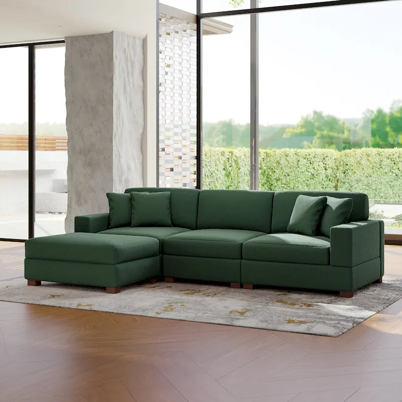 Modular Corduroy Sectional Sofa Set Chaise Couch with Ottoman