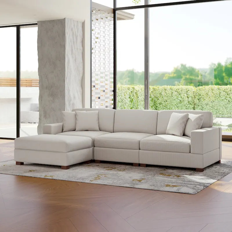 Modular Corduroy Sectional Sofa Set Chaise Couch with Ottoman