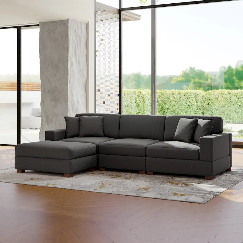 Modular Corduroy Sectional Sofa Set Chaise Couch with Ottoman