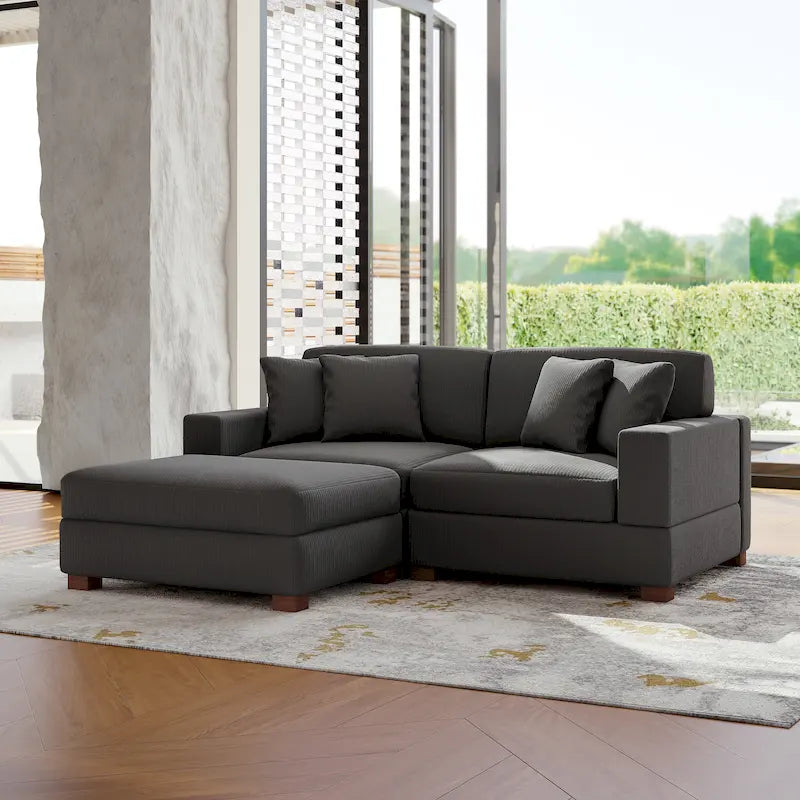 Modular Corduroy Sectional Sofa Set Chaise Couch with Ottoman