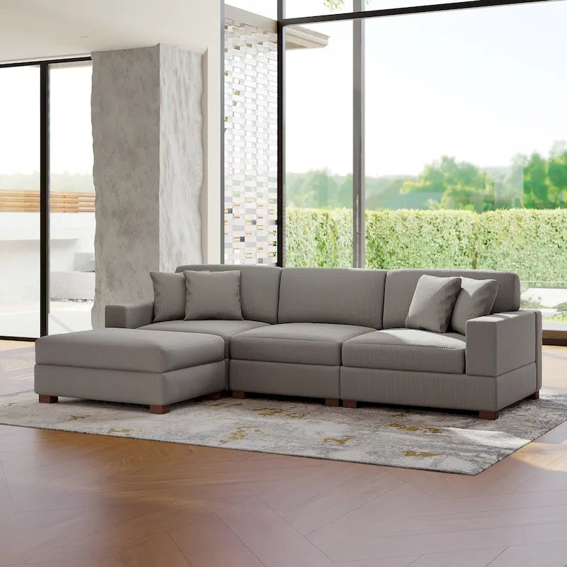 Modular Corduroy Sectional Sofa Set Chaise Couch with Ottoman