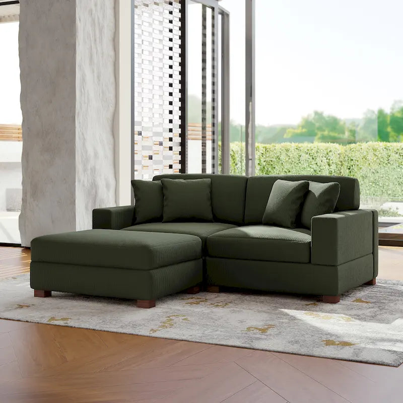 Modular Corduroy Sectional Sofa Set Chaise Couch with Ottoman