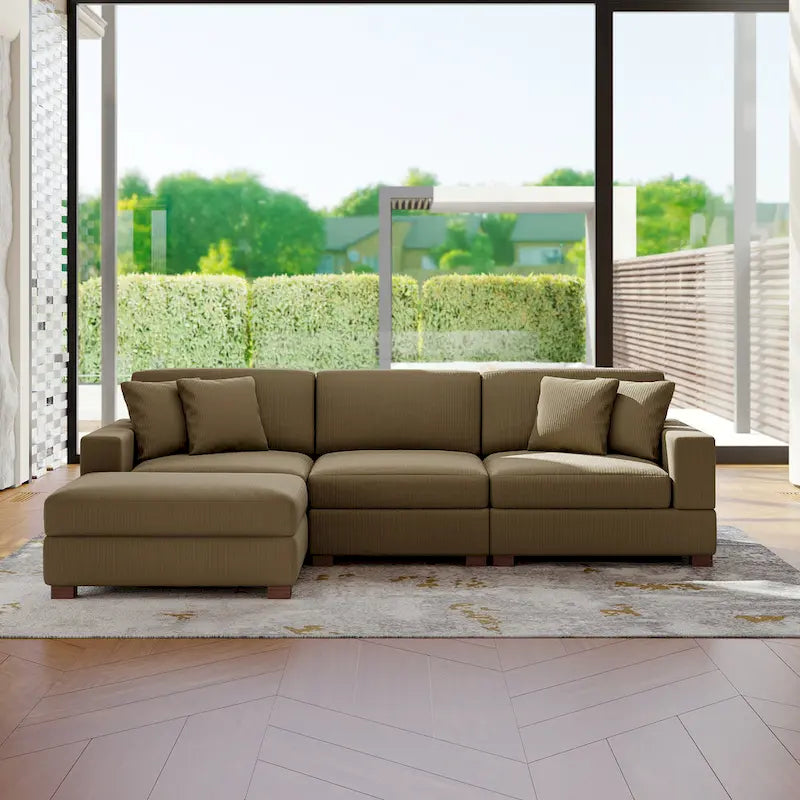 Modular Corduroy Sectional Sofa Set Chaise Couch with Ottoman