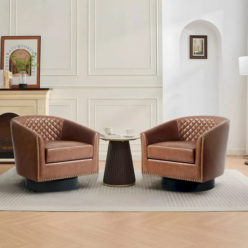 Faux Leather Nailheads Swivel Barrel Chair Set of 2