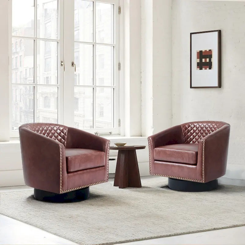 Faux Leather Nailheads Swivel Barrel Chair Set of 2