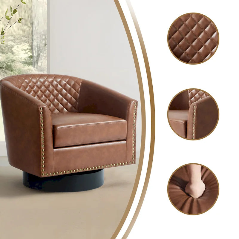 Faux Leather Nailheads Swivel Barrel Chair Set of 2