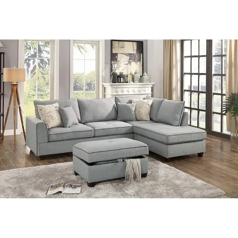 Bobkona Polyfabric Reversible Chaise Sectional with Storage Ottoman set.