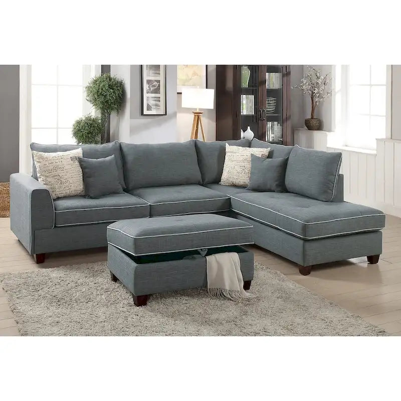 Bobkona Polyfabric Reversible Chaise Sectional with Storage Ottoman set.