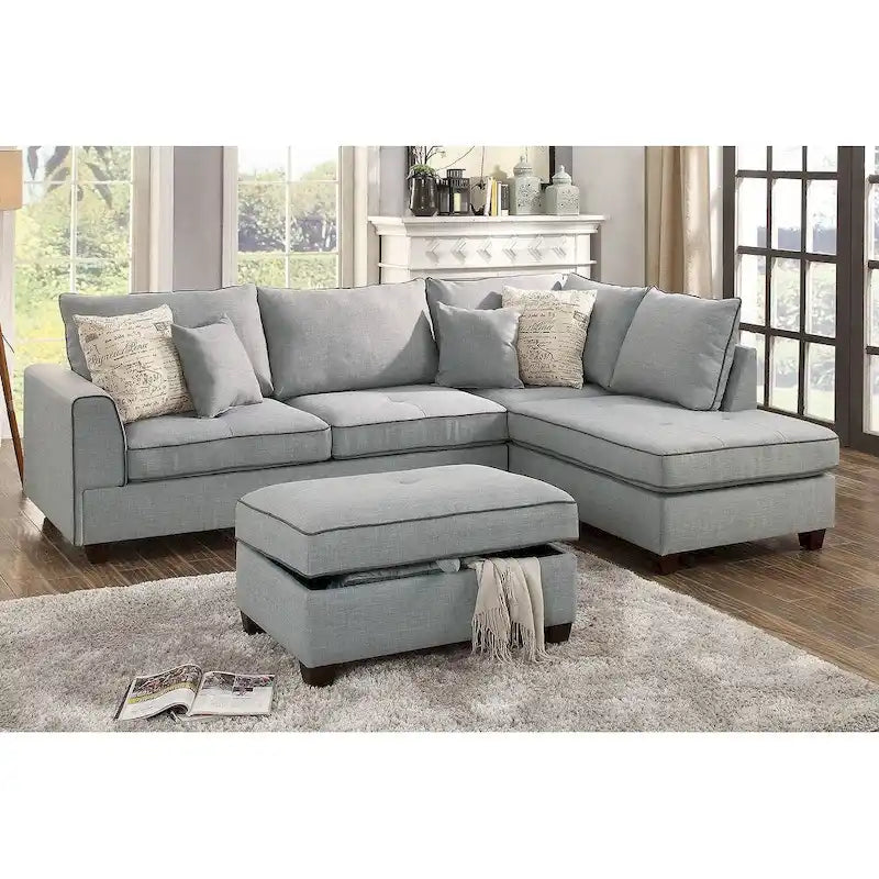 Bobkona Polyfabric Reversible Chaise Sectional with Storage Ottoman set.