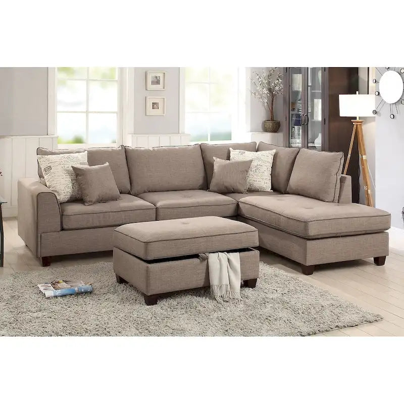 Bobkona Polyfabric Reversible Chaise Sectional with Storage Ottoman set.