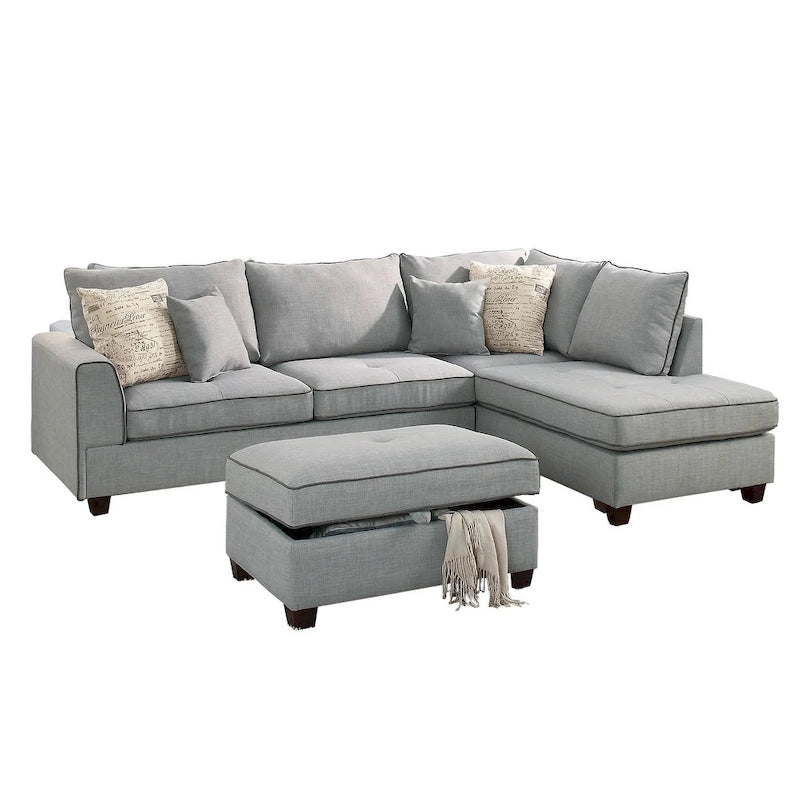 Bobkona Polyfabric Reversible Chaise Sectional with Storage Ottoman set.