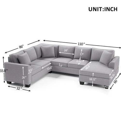 110*86 Sectional Sofa Upholstered Modern English Arm Classic U-shaped Sofa 3 Pillows Included