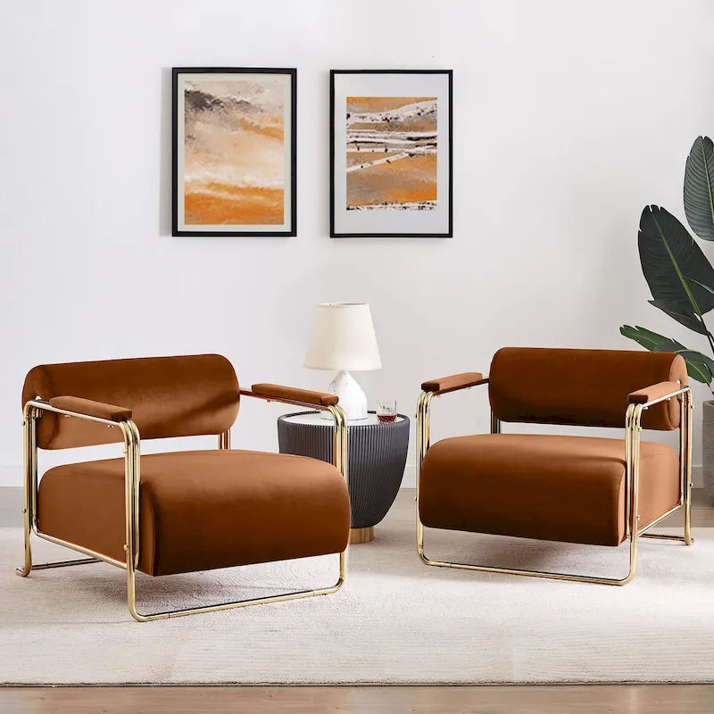 VANOMi 31 Wide Futuristic Velvet Armchair With Glossy Gold Frame Cylindrical Backrest