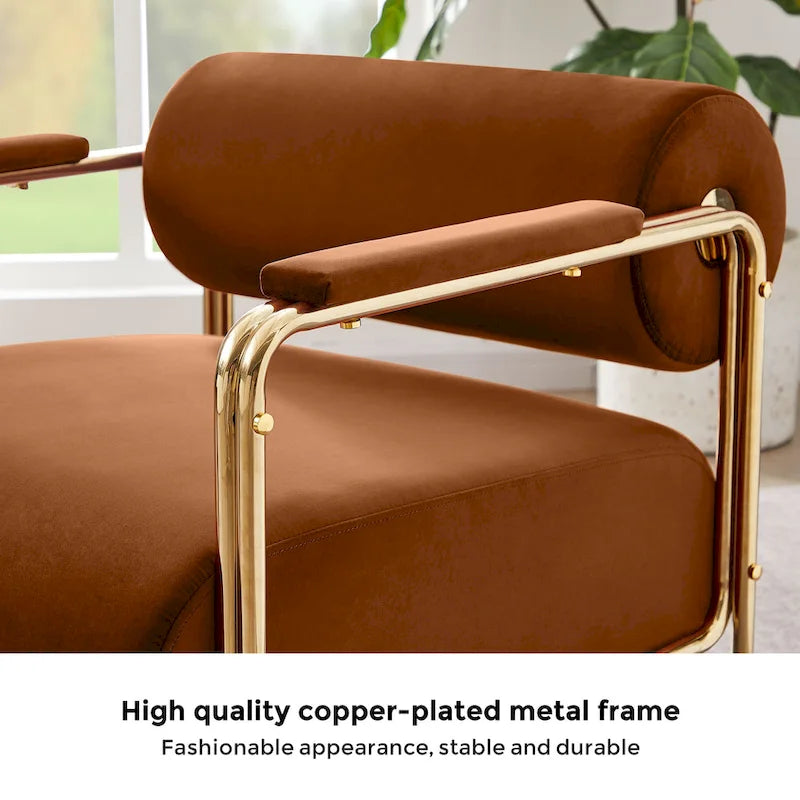 VANOMi 31 Wide Futuristic Velvet Armchair With Glossy Gold Frame Cylindrical Backrest