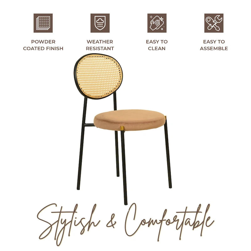 Euston Set of 2 Modern Dining Chair with Wicker Back & Upholstered Velvet Seat for Home Office Living Room & Kitchen