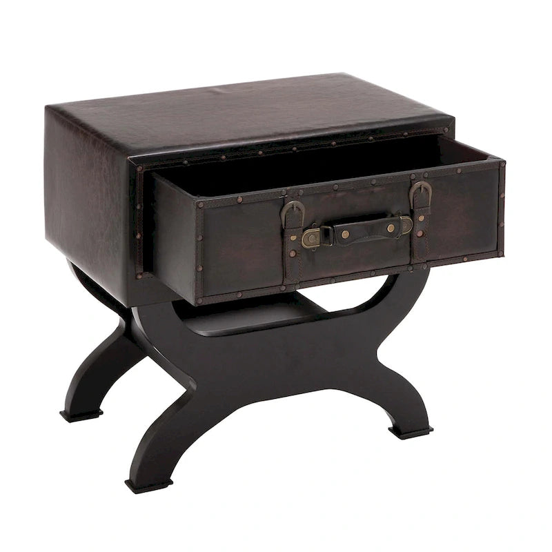 Faux Leather Vintage Style Single Drawer Accent Table with Curved Legs - Brown - Roche River Decor - 16W x 22L x 22H