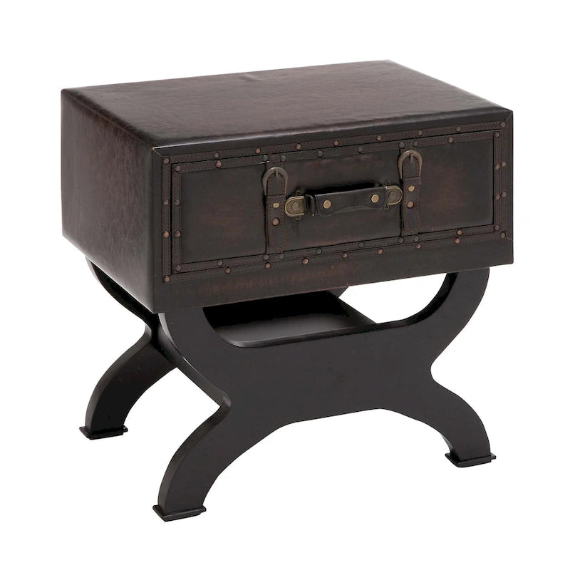Faux Leather Vintage Style Single Drawer Accent Table with Curved Legs - Brown - Roche River Decor - 16W x 22L x 22H