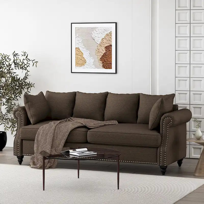 Manbow Fabric Pillowback 3 Seater Sofa with Nailhead Trim by Christopher Knight Home