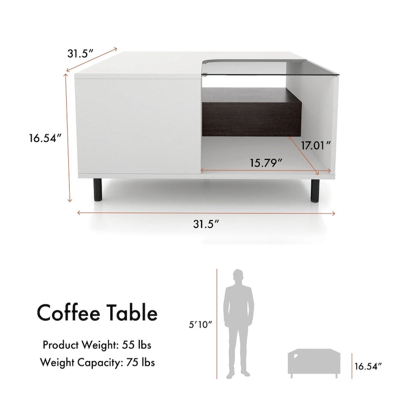 DH BASIC Modern White Square Coffee Table with 16 Colors LED Light, Shelf, and Drawer by Denhour
