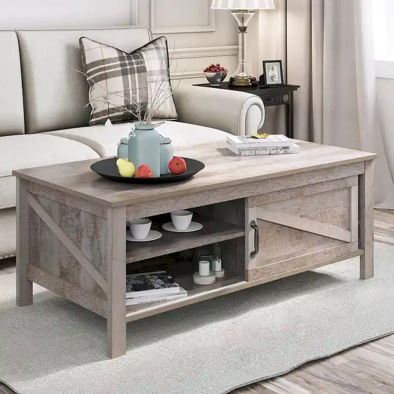 Moasis Farmhouse Rectangle Coffee Table with Adjustable Shelves and Sliding Barn Door