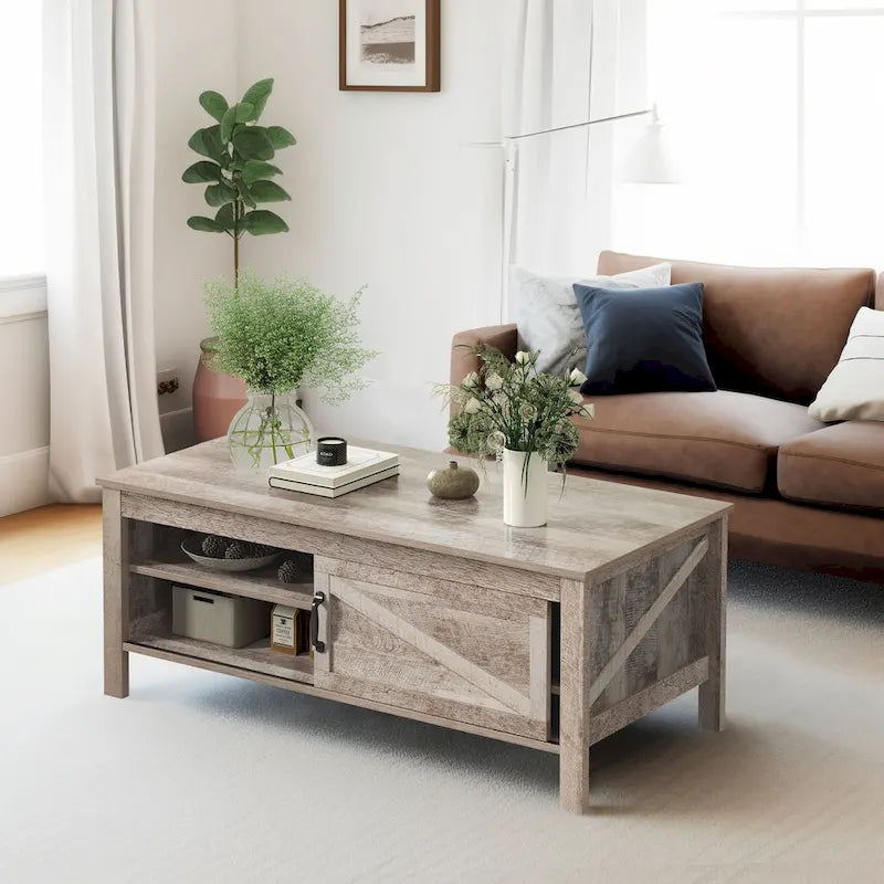 Moasis Farmhouse Rectangle Coffee Table with Adjustable Shelves and Sliding Barn Door