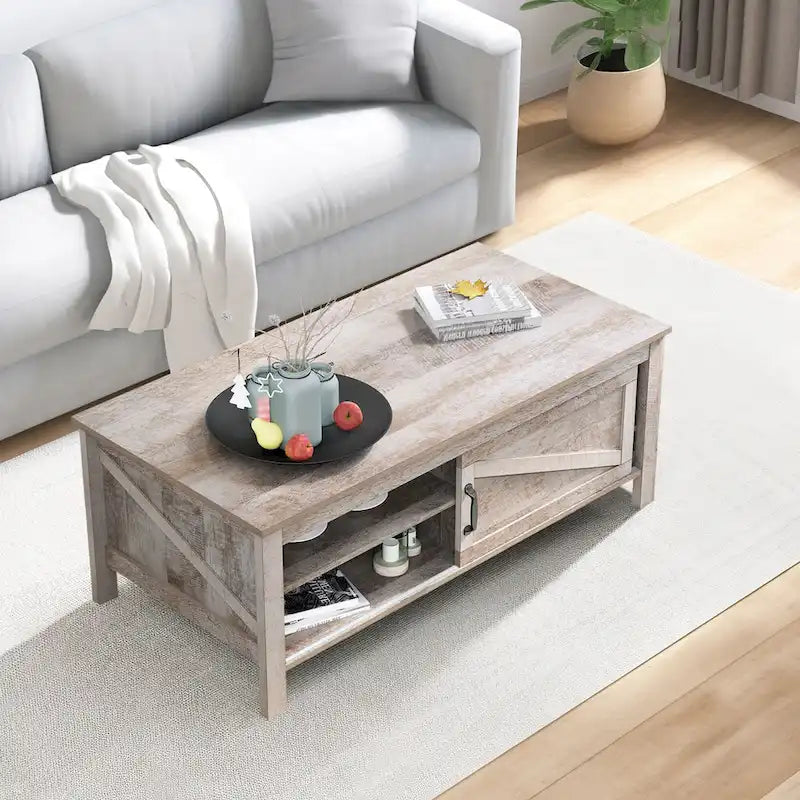 Moasis Farmhouse Rectangle Coffee Table with Adjustable Shelves and Sliding Barn Door