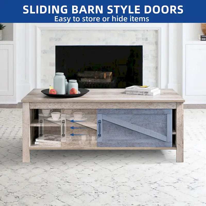 Moasis Farmhouse Rectangle Coffee Table with Adjustable Shelves and Sliding Barn Door