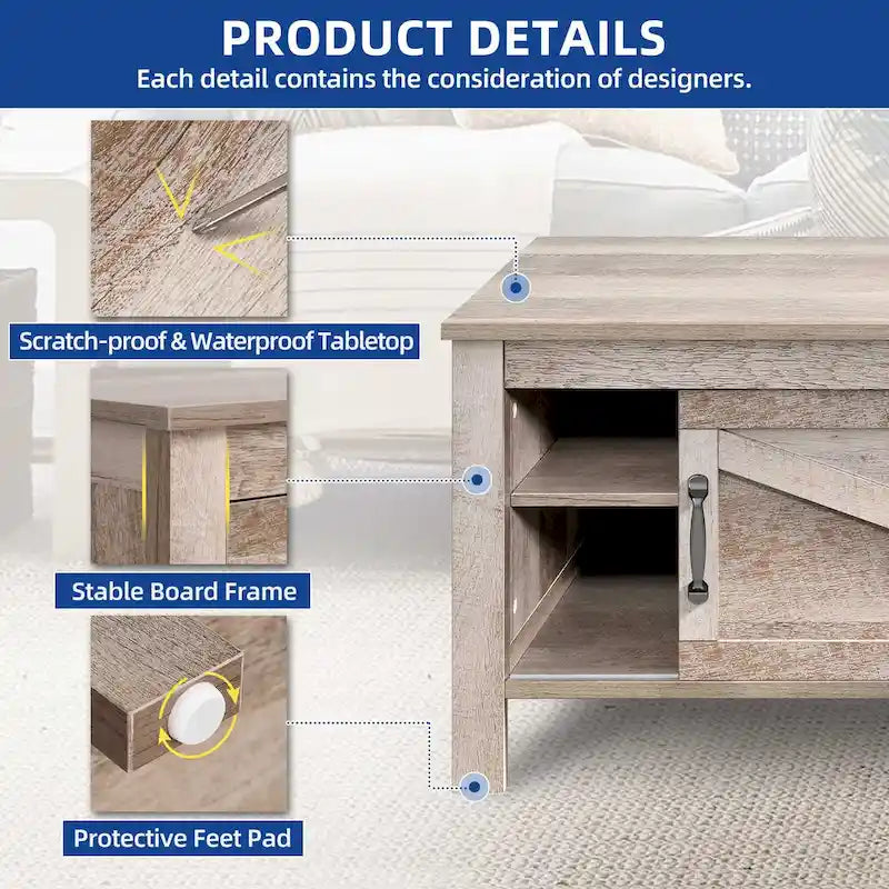 Moasis Farmhouse Rectangle Coffee Table with Adjustable Shelves and Sliding Barn Door