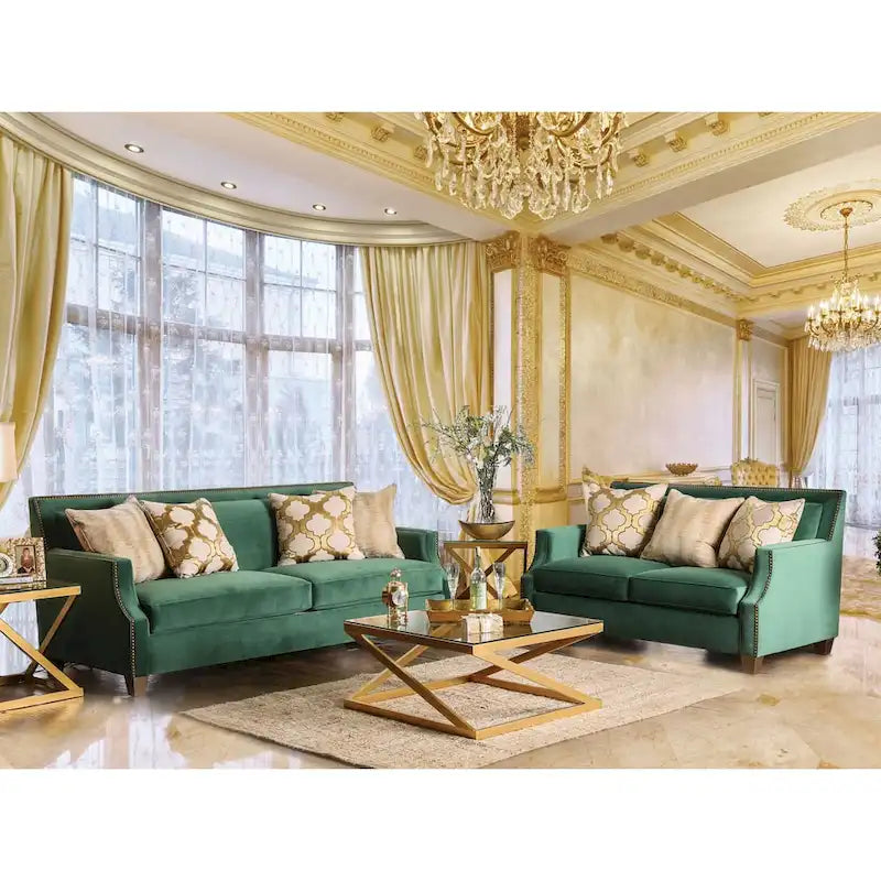 Yaur Transitional Green Fabric Upholstered Nailhead Trim Sofa by Furniture of America