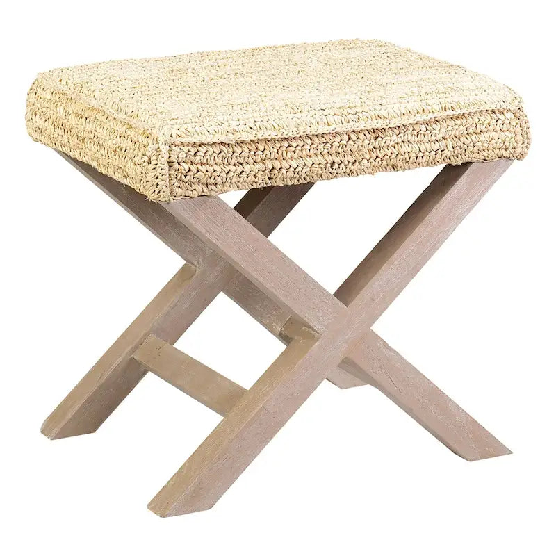Handmade Natural Raffia And Wood Ottoman by East at Main